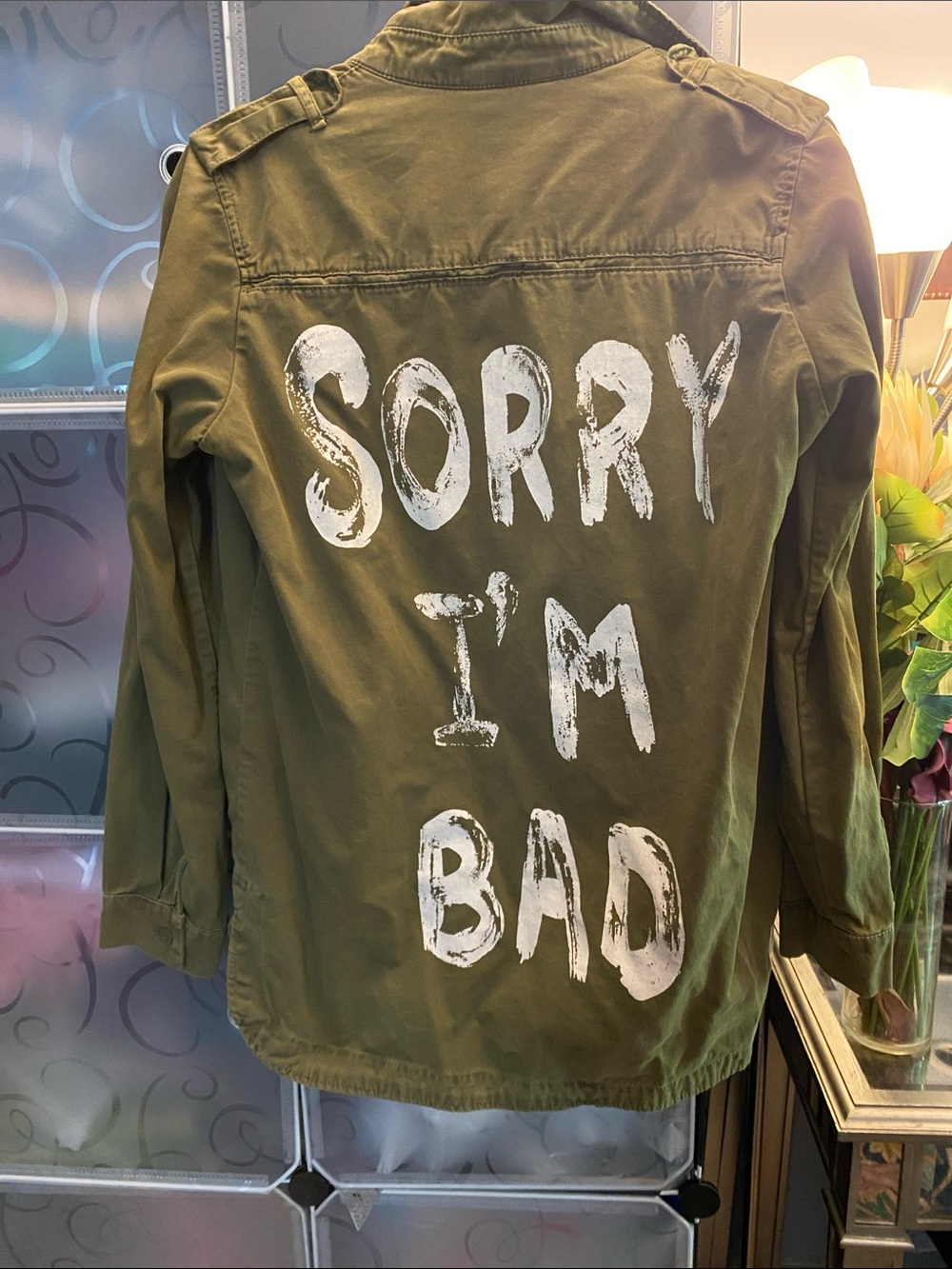 Forever 21 Olive Green Military-Style Jacket with White Back Graphic